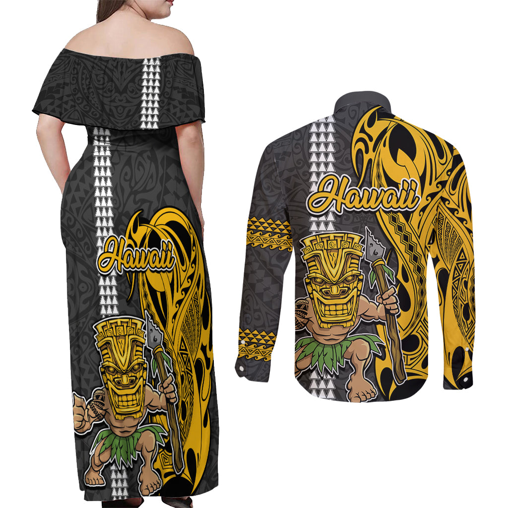Hawaii Niihau Island Couples Matching Off Shoulder Maxi Dress and Long Sleeve Button Shirts Hawaiian Warrior and Kakau Symbols Abstract Tattoo LT03 - Polynesian Pride