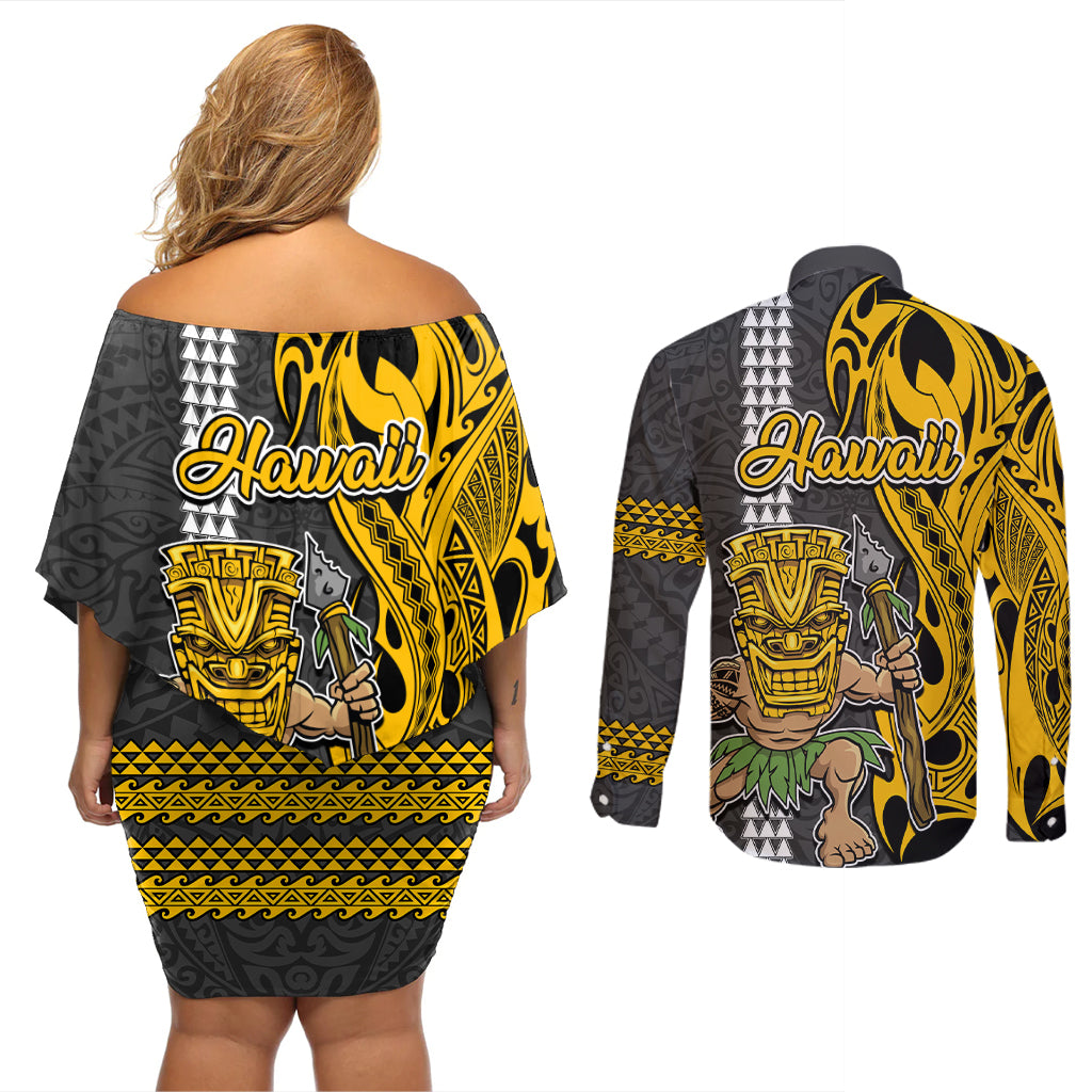 Hawaii Niihau Island Couples Matching Off Shoulder Short Dress and Long Sleeve Button Shirts Hawaiian Warrior and Kakau Symbols Abstract Tattoo LT03 - Polynesian Pride