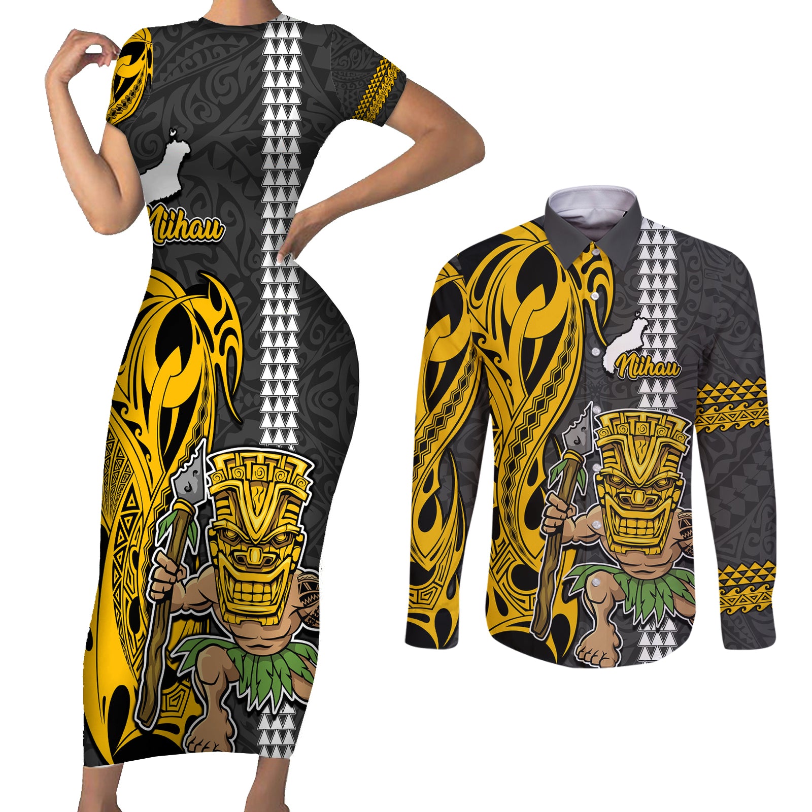Hawaii Niihau Island Couples Matching Short Sleeve Bodycon Dress and Long Sleeve Button Shirts Hawaiian Warrior and Kakau Symbols Abstract Tattoo LT03 Yellow - Polynesian Pride