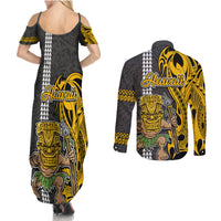 Hawaii Niihau Island Couples Matching Summer Maxi Dress and Long Sleeve Button Shirts Hawaiian Warrior and Kakau Symbols Abstract Tattoo LT03 - Polynesian Pride