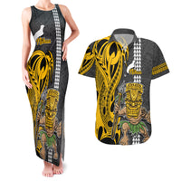 Hawaii Niihau Island Couples Matching Tank Maxi Dress and Hawaiian Shirt Hawaiian Warrior and Kakau Symbols Abstract Tattoo LT03 Yellow - Polynesian Pride