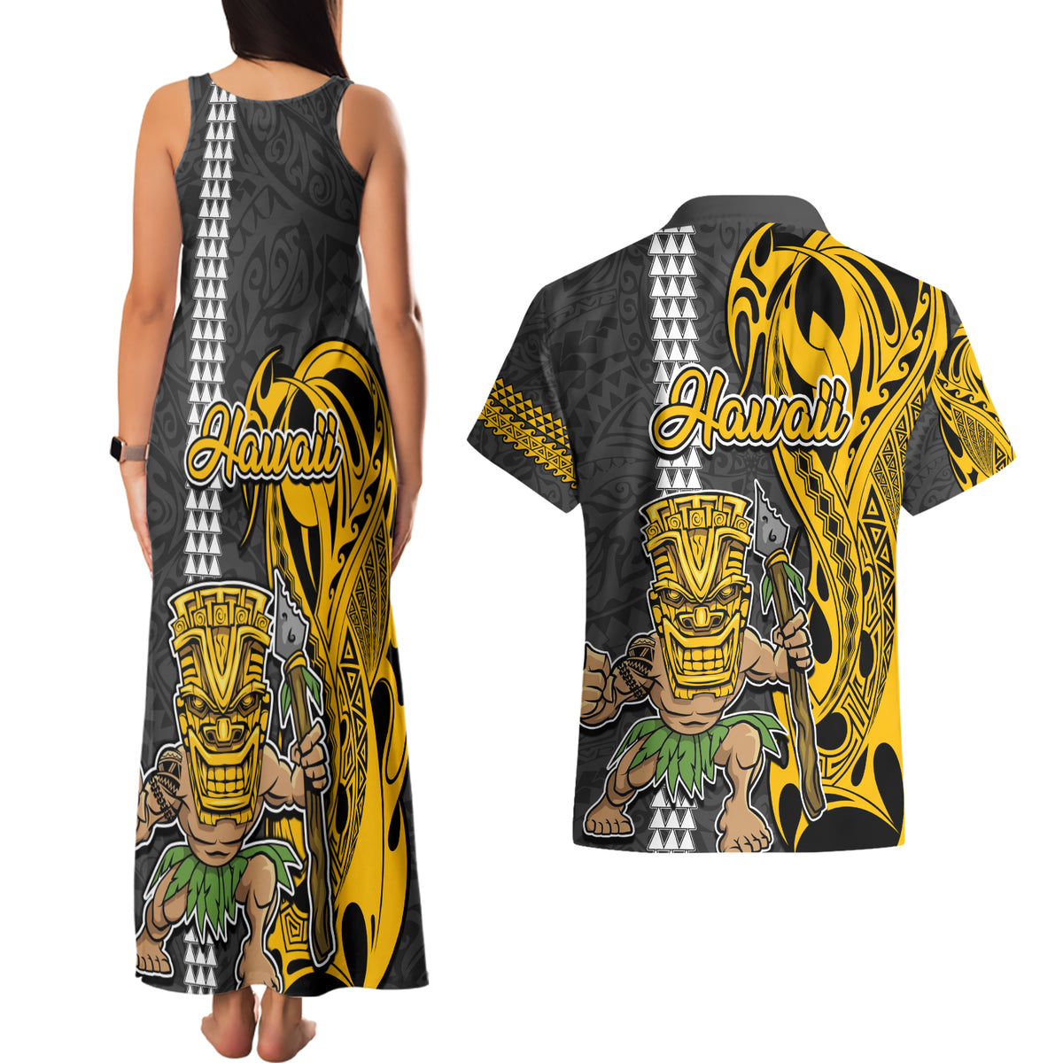 Hawaii Niihau Island Couples Matching Tank Maxi Dress and Hawaiian Shirt Hawaiian Warrior and Kakau Symbols Abstract Tattoo LT03 - Polynesian Pride