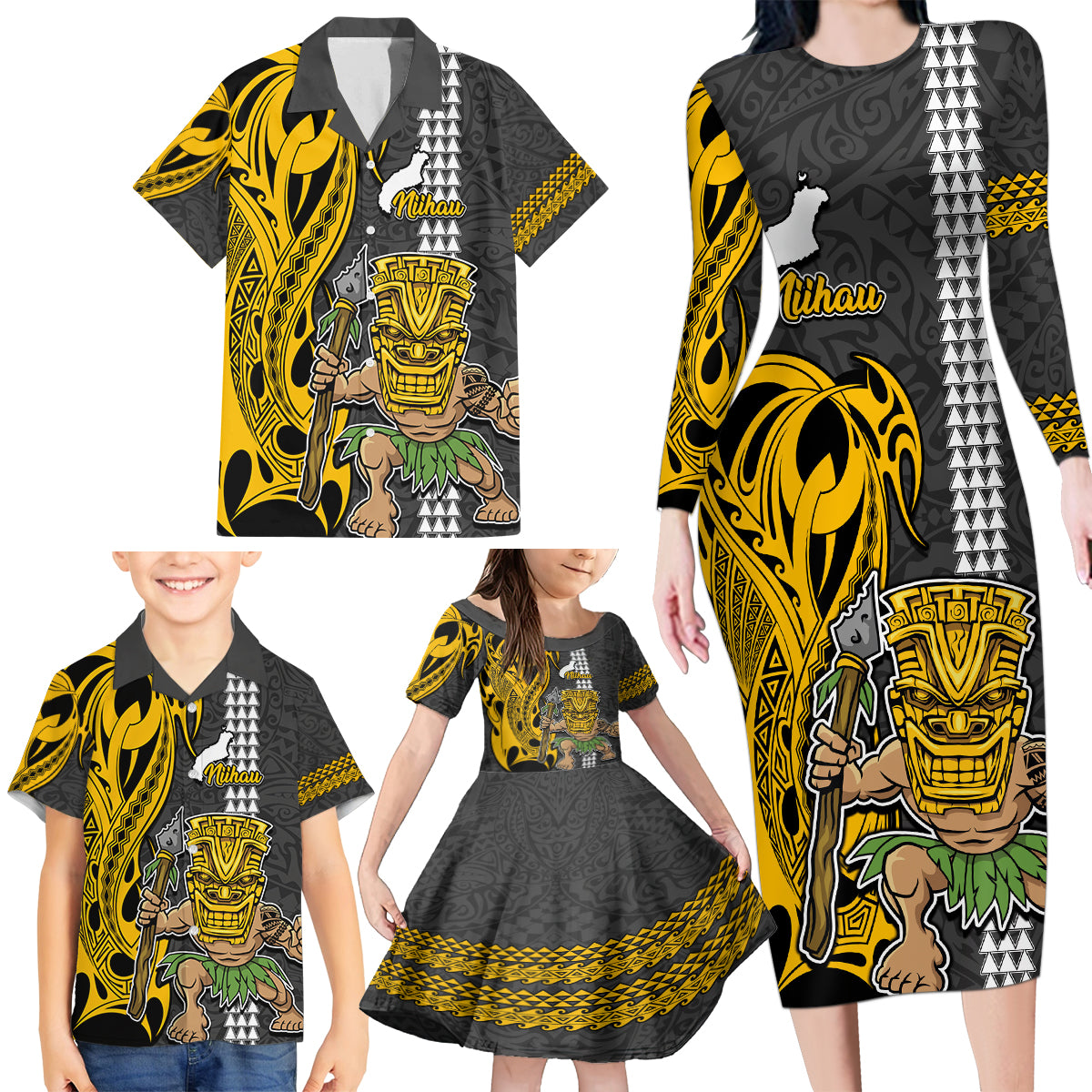 Hawaii Niihau Island Family Matching Long Sleeve Bodycon Dress and Hawaiian Shirt Hawaiian Warrior and Kakau Symbols Abstract Tattoo LT03 - Polynesian Pride