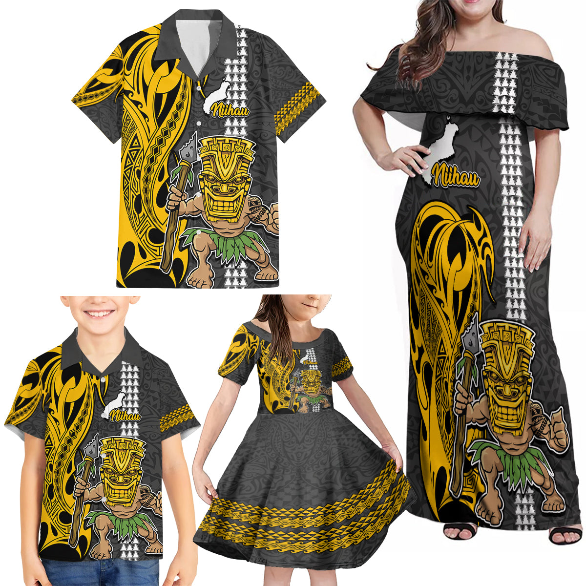 Hawaii Niihau Island Family Matching Off Shoulder Maxi Dress and Hawaiian Shirt Hawaiian Warrior and Kakau Symbols Abstract Tattoo LT03 - Polynesian Pride