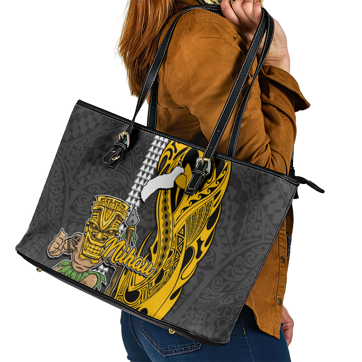 Hawaii Niihau Island Leather Tote Bag Hawaiian Warrior and Kakau Symbols Abstract Tattoo LT03 - Polynesian Pride