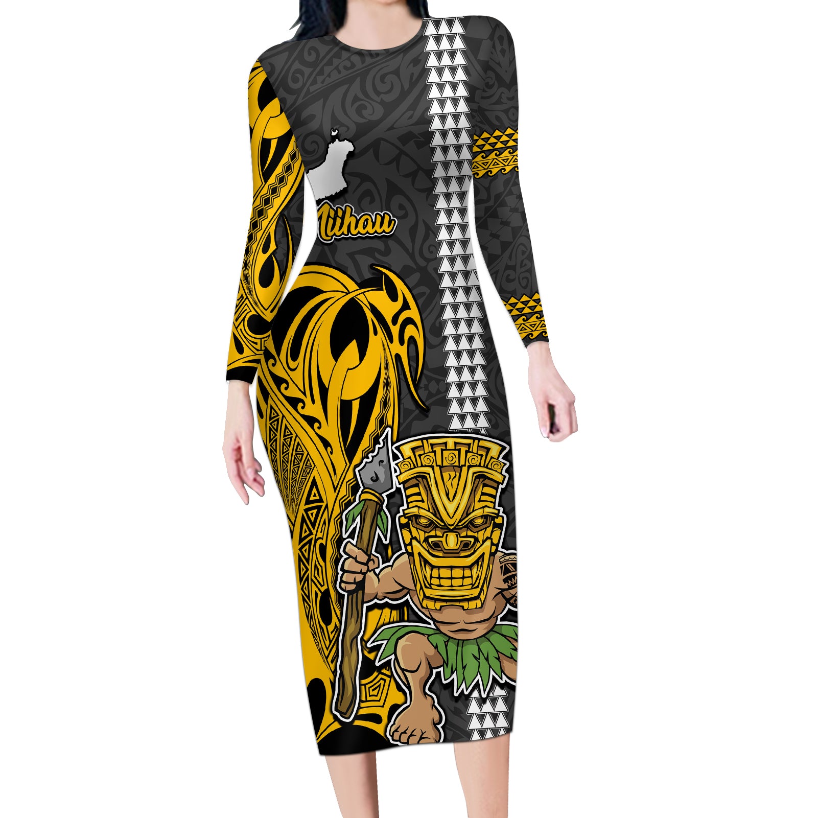 Hawaii Niihau Island Long Sleeve Bodycon Dress Hawaiian Warrior and Kakau Symbols Abstract Tattoo LT03 Long Dress Yellow - Polynesian Pride