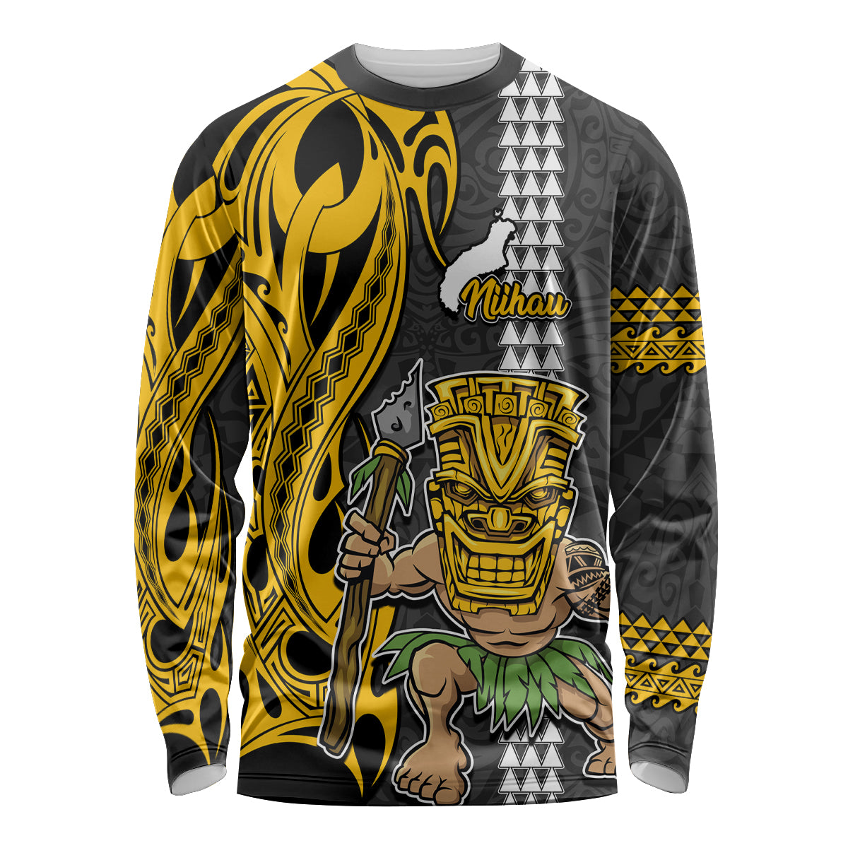 Hawaii Niihau Island Long Sleeve Shirt Hawaiian Warrior and Kakau Symbols Abstract Tattoo LT03 Unisex Yellow - Polynesian Pride