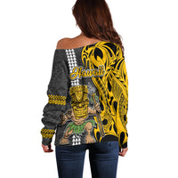 Hawaii Niihau Island Off Shoulder Sweater Hawaiian Warrior and Kakau Symbols Abstract Tattoo LT03 - Polynesian Pride