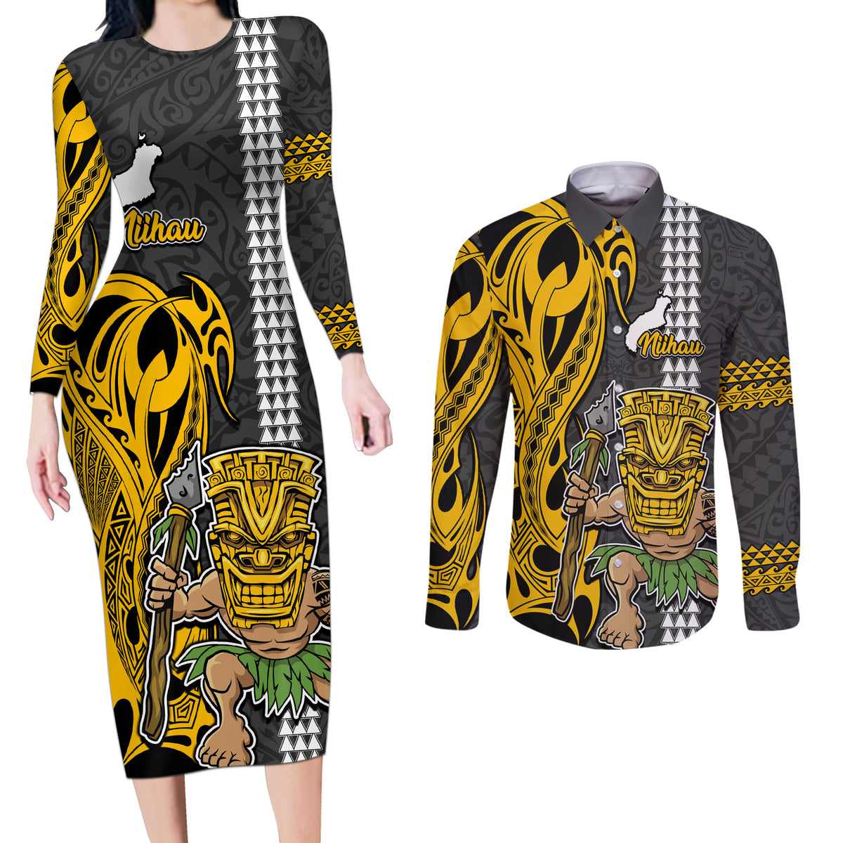 Custom Hawaii Niihau Island Couples Matching Long Sleeve Bodycon Dress and Long Sleeve Button Shirts Hawaiian Warrior and Kakau Symbols Abstract Tattoo LT03 Yellow - Polynesian Pride