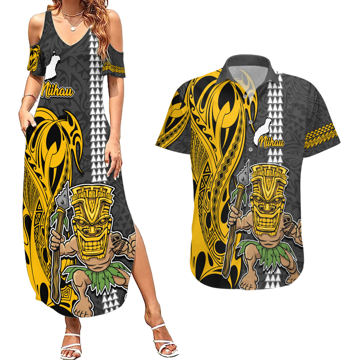 Custom Hawaii Niihau Island Couples Matching Summer Maxi Dress and Hawaiian Shirt Hawaiian Warrior and Kakau Symbols Abstract Tattoo LT03 Yellow - Polynesian Pride
