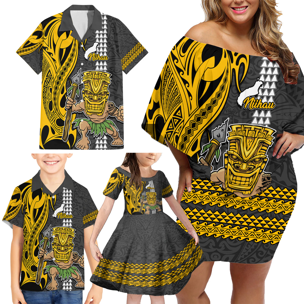 Custom Hawaii Niihau Island Family Matching Off Shoulder Short Dress and Hawaiian Shirt Hawaiian Warrior and Kakau Symbols Abstract Tattoo LT03 - Polynesian Pride