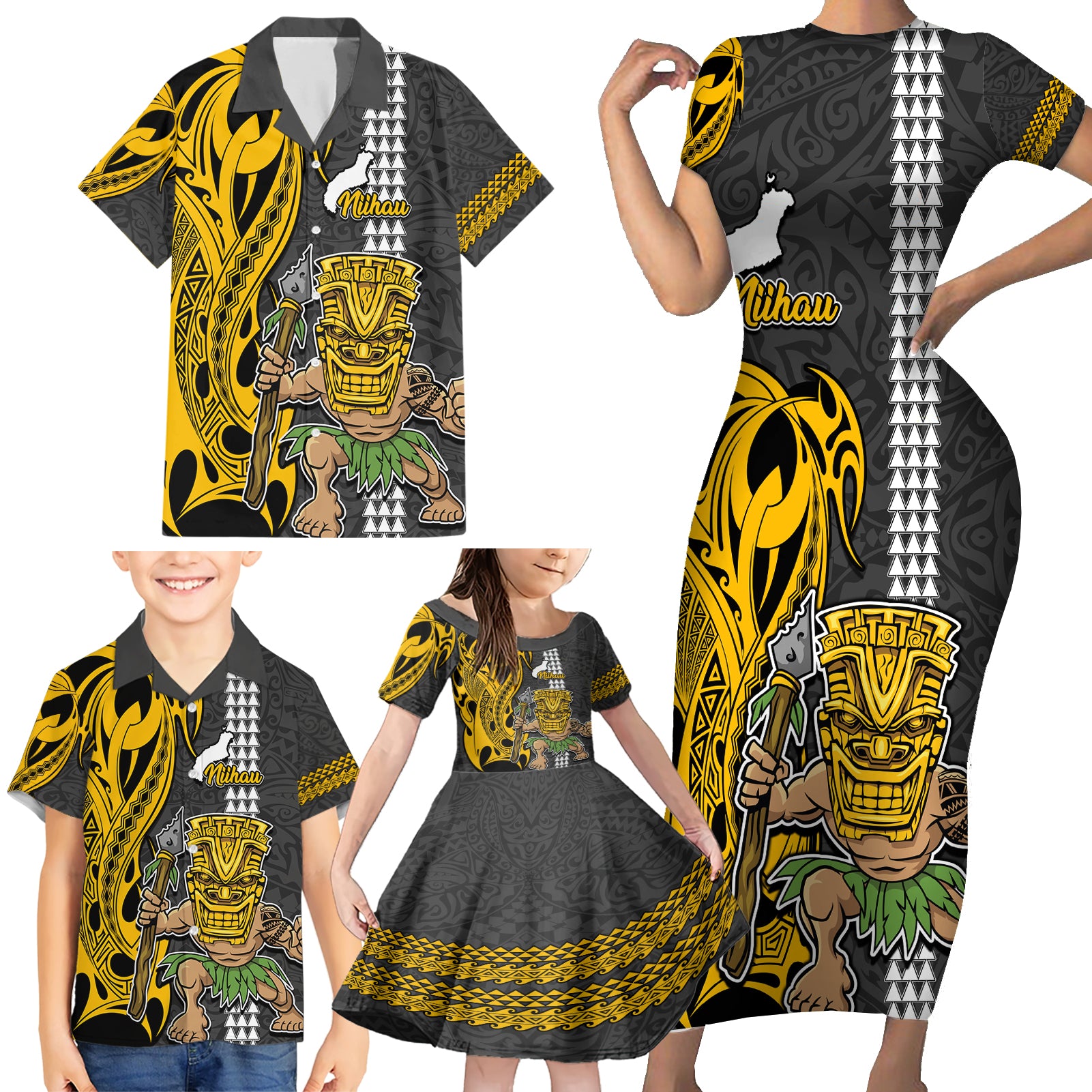 Custom Hawaii Niihau Island Family Matching Short Sleeve Bodycon Dress and Hawaiian Shirt Hawaiian Warrior and Kakau Symbols Abstract Tattoo LT03 - Polynesian Pride