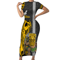 Custom Hawaii Niihau Island Family Matching Short Sleeve Bodycon Dress and Hawaiian Shirt Hawaiian Warrior and Kakau Symbols Abstract Tattoo LT03 Mom's Dress Yellow - Polynesian Pride