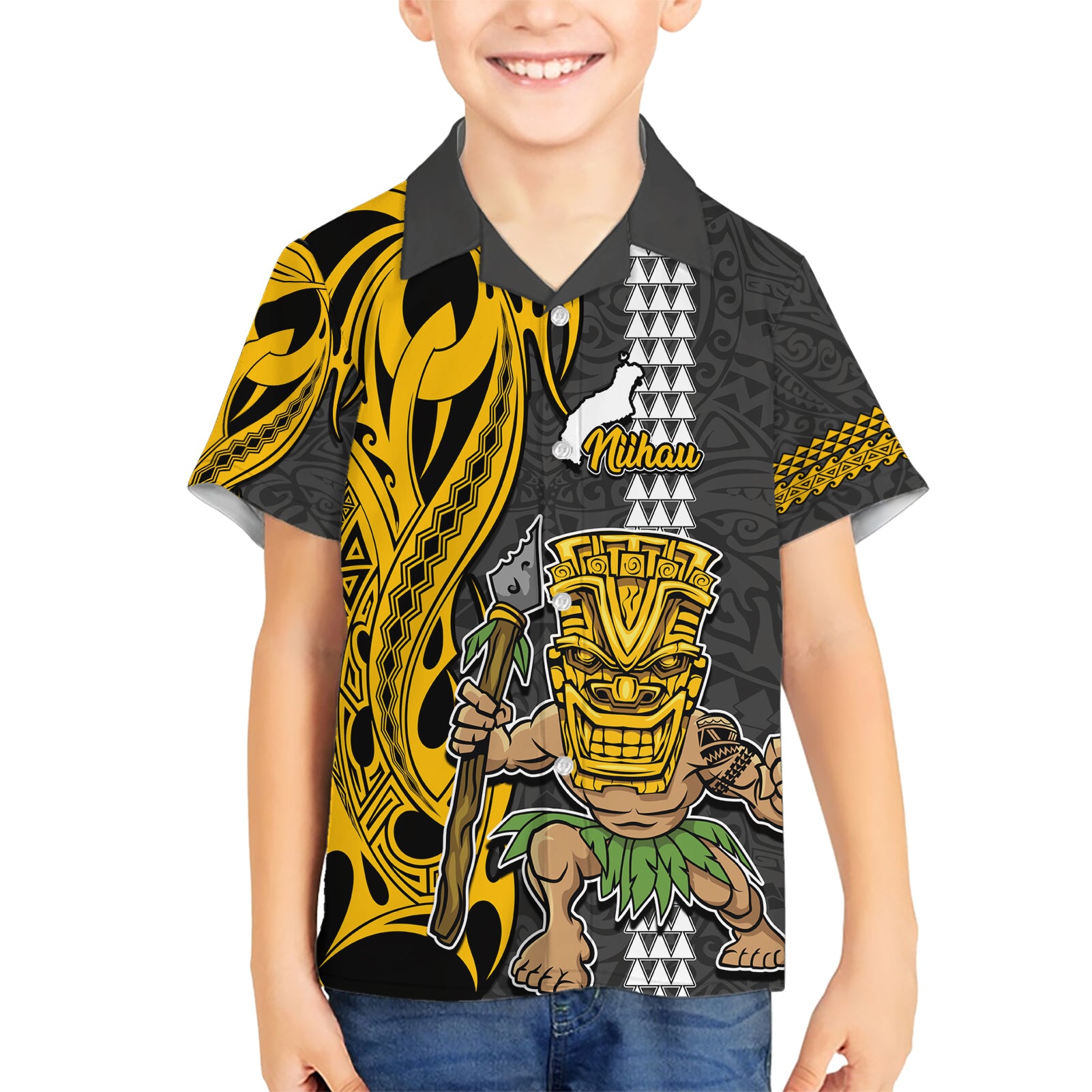 Custom Hawaii Niihau Island Kid Hawaiian Shirt Hawaiian Warrior and Kakau Symbols Abstract Tattoo LT03 Kid Yellow - Polynesian Pride