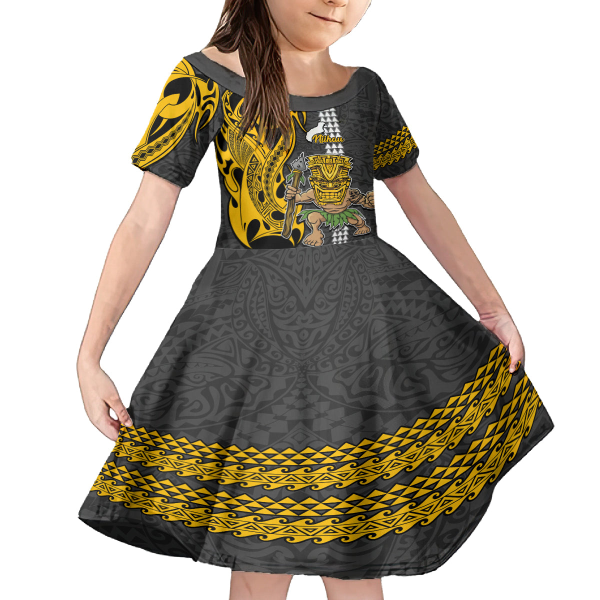 Custom Hawaii Niihau Island Kid Short Sleeve Dress Hawaiian Warrior and Kakau Symbols Abstract Tattoo LT03 KID Yellow - Polynesian Pride