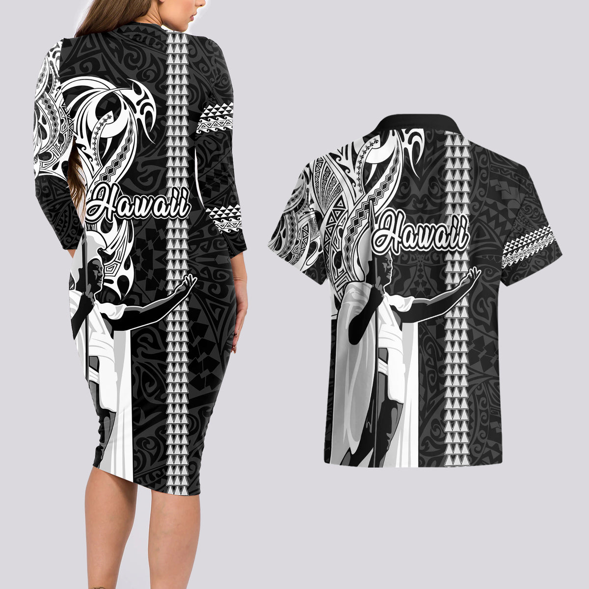 Hawaii Niihau Island Couples Matching Long Sleeve Bodycon Dress and Hawaiian Shirt Hawaiian King and Kakau Symbols Abstract Shoulder Tattoo LT03 - Polynesian Pride