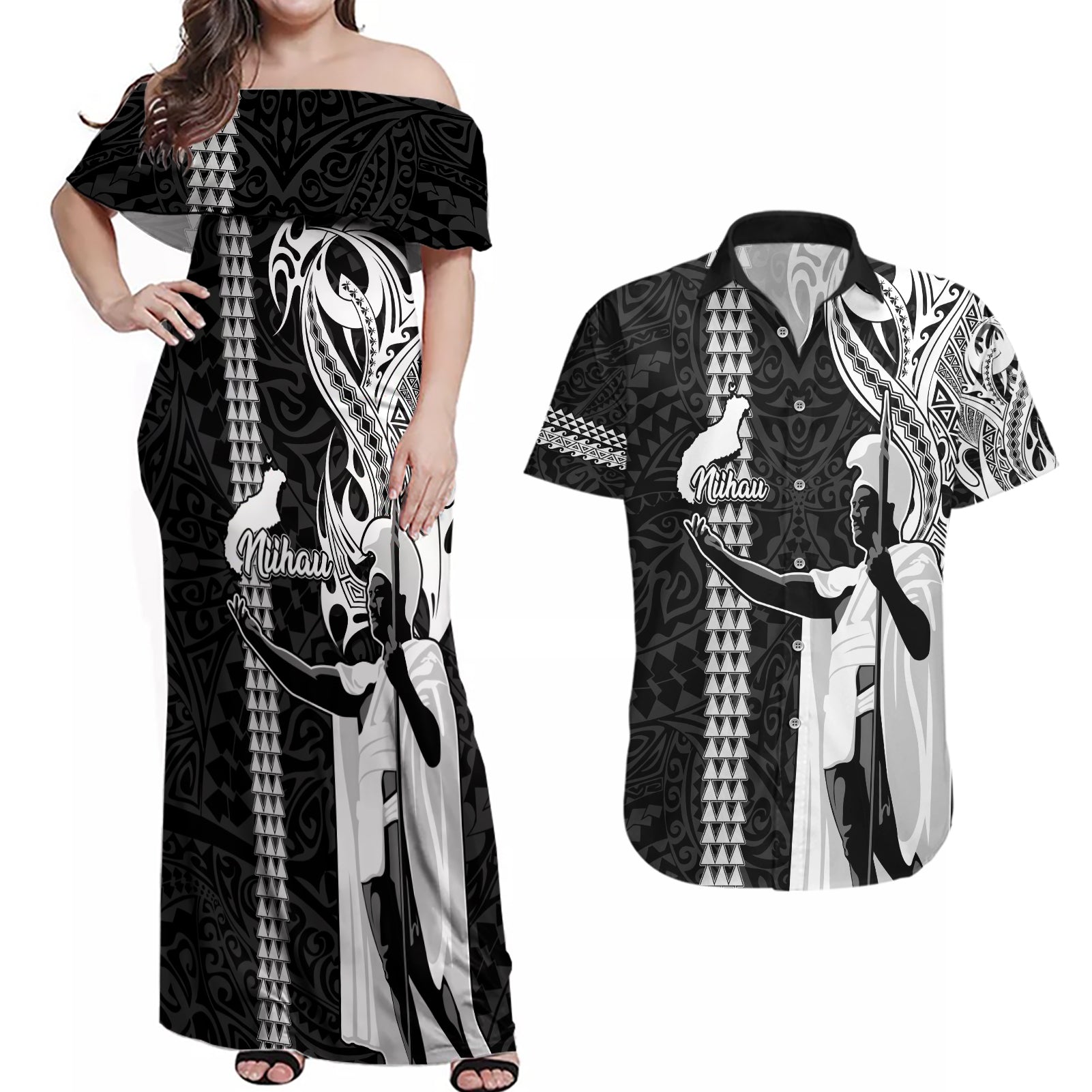 Hawaii Niihau Island Couples Matching Off Shoulder Maxi Dress and Hawaiian Shirt Hawaiian King and Kakau Symbols Abstract Shoulder Tattoo LT03 Black - Polynesian Pride