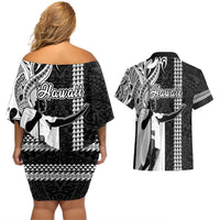 Hawaii Niihau Island Couples Matching Off Shoulder Short Dress and Hawaiian Shirt Hawaiian King and Kakau Symbols Abstract Shoulder Tattoo LT03 - Polynesian Pride
