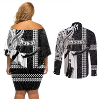 Hawaii Niihau Island Couples Matching Off Shoulder Short Dress and Long Sleeve Button Shirts Hawaiian King and Kakau Symbols Abstract Shoulder Tattoo LT03 - Polynesian Pride