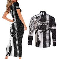 Hawaii Niihau Island Couples Matching Short Sleeve Bodycon Dress and Long Sleeve Button Shirts Hawaiian King and Kakau Symbols Abstract Shoulder Tattoo LT03 - Polynesian Pride