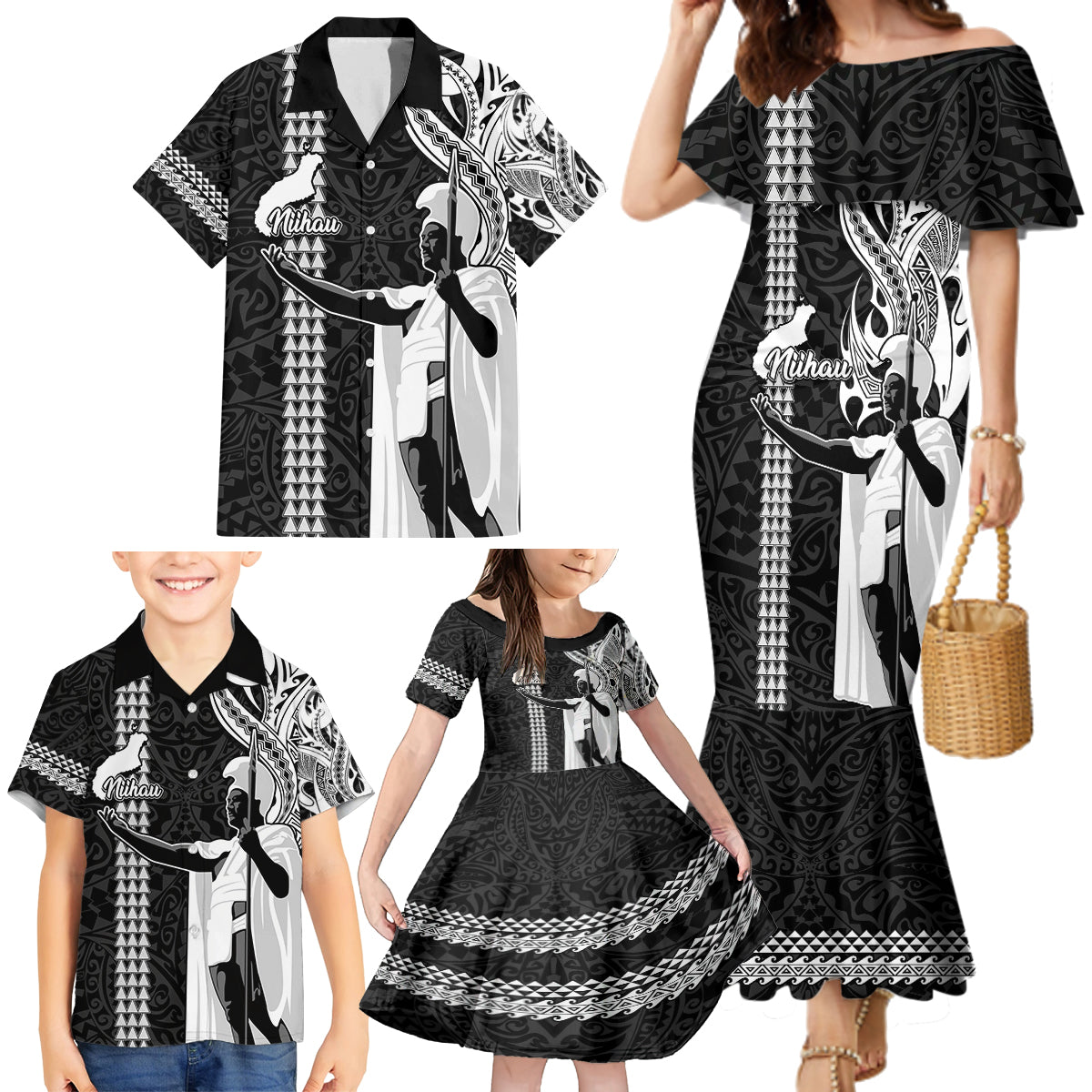 Hawaii Niihau Island Family Matching Mermaid Dress and Hawaiian Shirt Hawaiian King and Kakau Symbols Abstract Shoulder Tattoo LT03 - Polynesian Pride