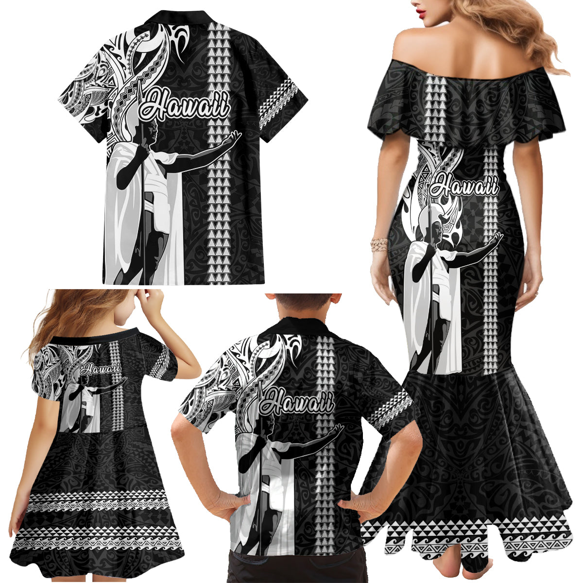 Hawaii Niihau Island Family Matching Mermaid Dress and Hawaiian Shirt Hawaiian King and Kakau Symbols Abstract Shoulder Tattoo LT03 - Polynesian Pride