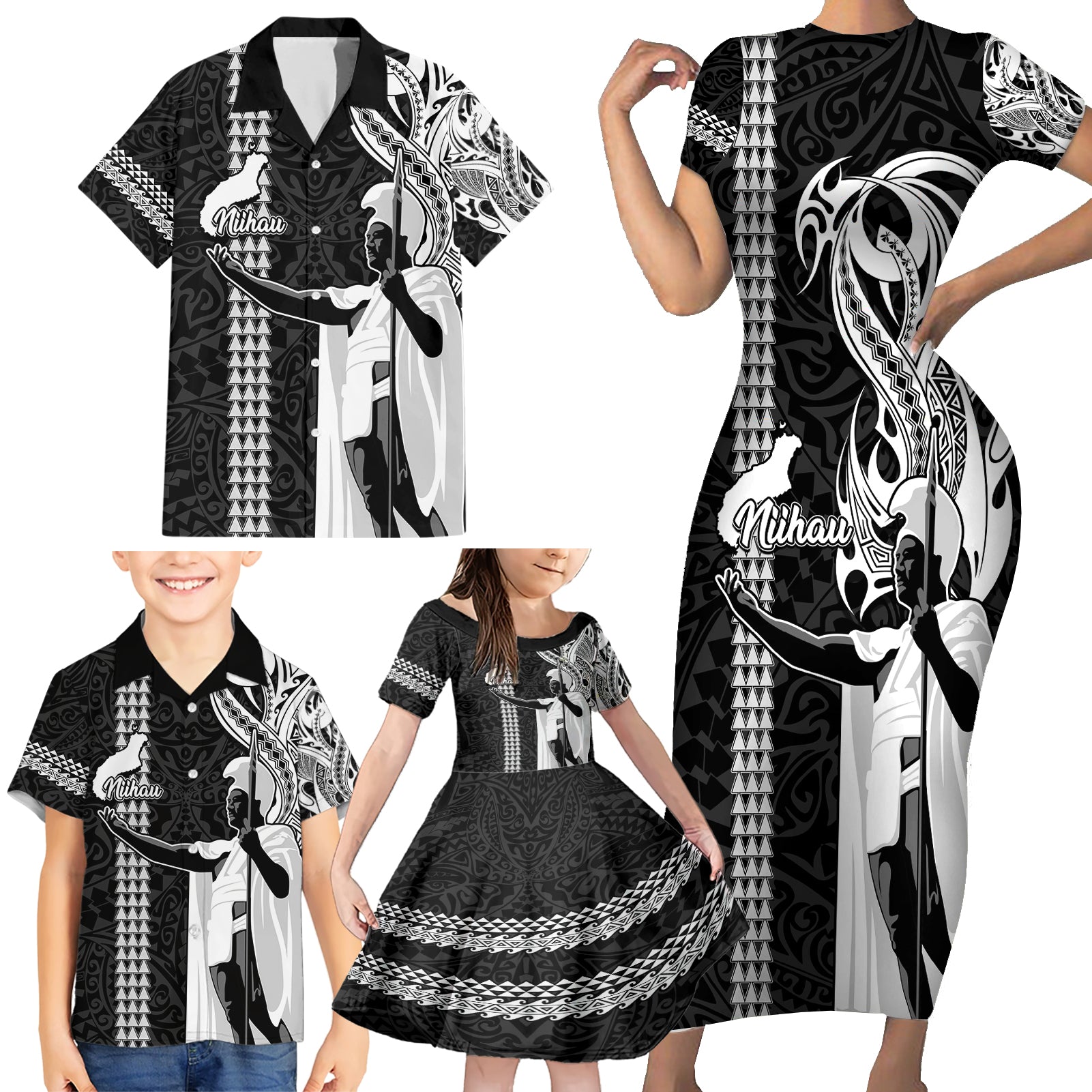 Hawaii Niihau Island Family Matching Short Sleeve Bodycon Dress and Hawaiian Shirt Hawaiian King and Kakau Symbols Abstract Shoulder Tattoo LT03 - Polynesian Pride