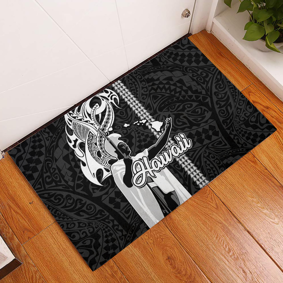 Hawaii Niihau Island Rubber Doormat Hawaiian King and Kakau Symbols Abstract Shoulder Tattoo LT03 Black - Polynesian Pride