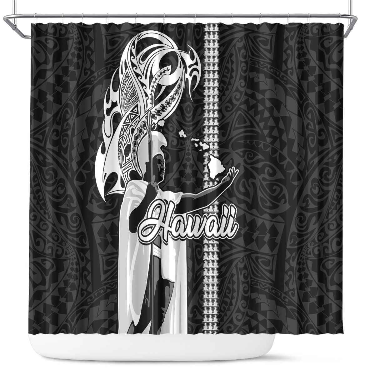 Hawaii Niihau Island Shower Curtain Hawaiian King and Kakau Symbols Abstract Shoulder Tattoo LT03 Black - Polynesian Pride