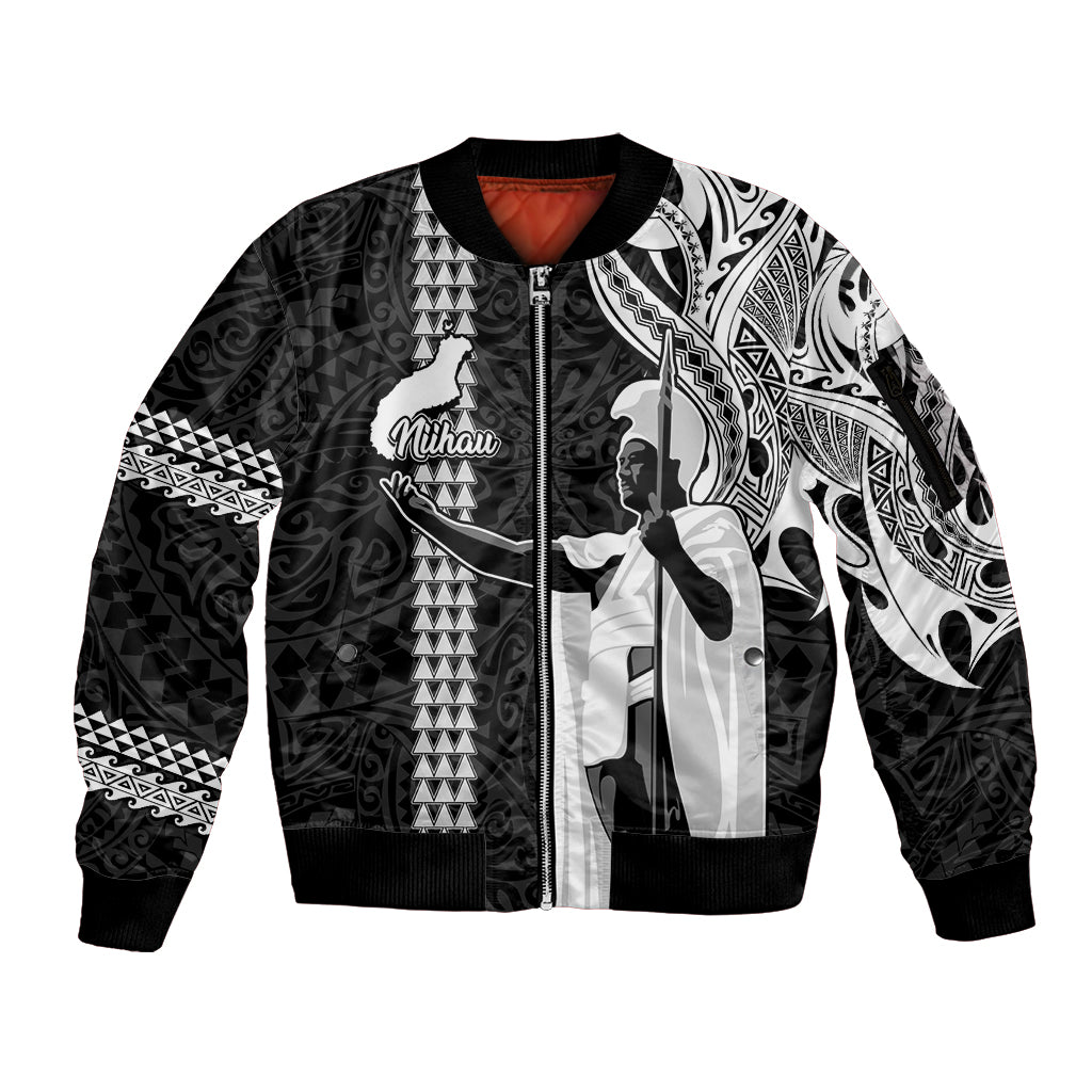 Hawaii Niihau Island Sleeve Zip Bomber Jacket Hawaiian King and Kakau Symbols Abstract Shoulder Tattoo LT03 Unisex Black - Polynesian Pride
