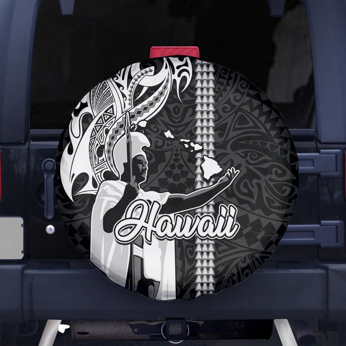 Hawaii Niihau Island Spare Tire Cover Hawaiian King and Kakau Symbols Abstract Shoulder Tattoo LT03 Black - Polynesian Pride