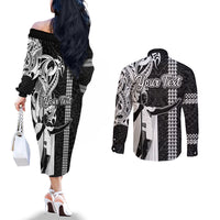 Custom Hawaii Niihau Island Couples Matching Off The Shoulder Long Sleeve Dress and Long Sleeve Button Shirts Hawaiian King and Kakau Symbols Abstract Shoulder Tattoo LT03 - Polynesian Pride