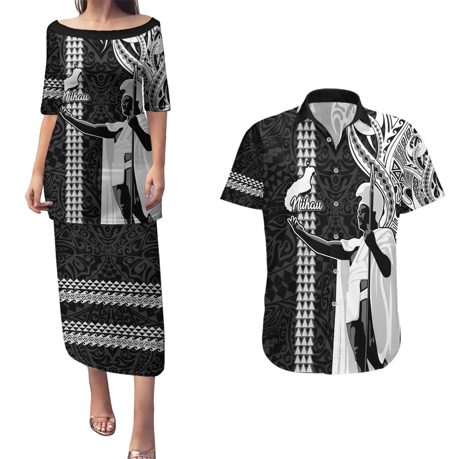 Custom Hawaii Niihau Island Couples Matching Puletasi Dress and Hawaiian Shirt Hawaiian King and Kakau Symbols Abstract Shoulder Tattoo LT03 Black - Polynesian Pride