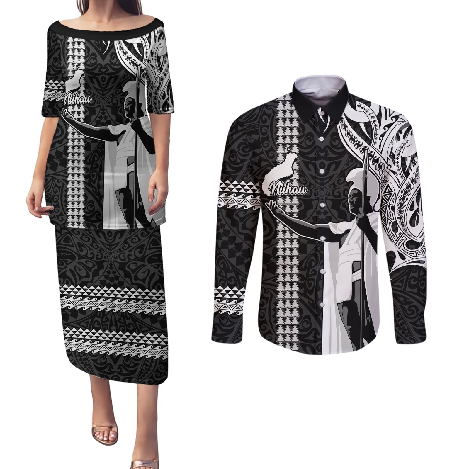 Custom Hawaii Niihau Island Couples Matching Puletasi Dress and Long Sleeve Button Shirts Hawaiian King and Kakau Symbols Abstract Shoulder Tattoo LT03 Black - Polynesian Pride