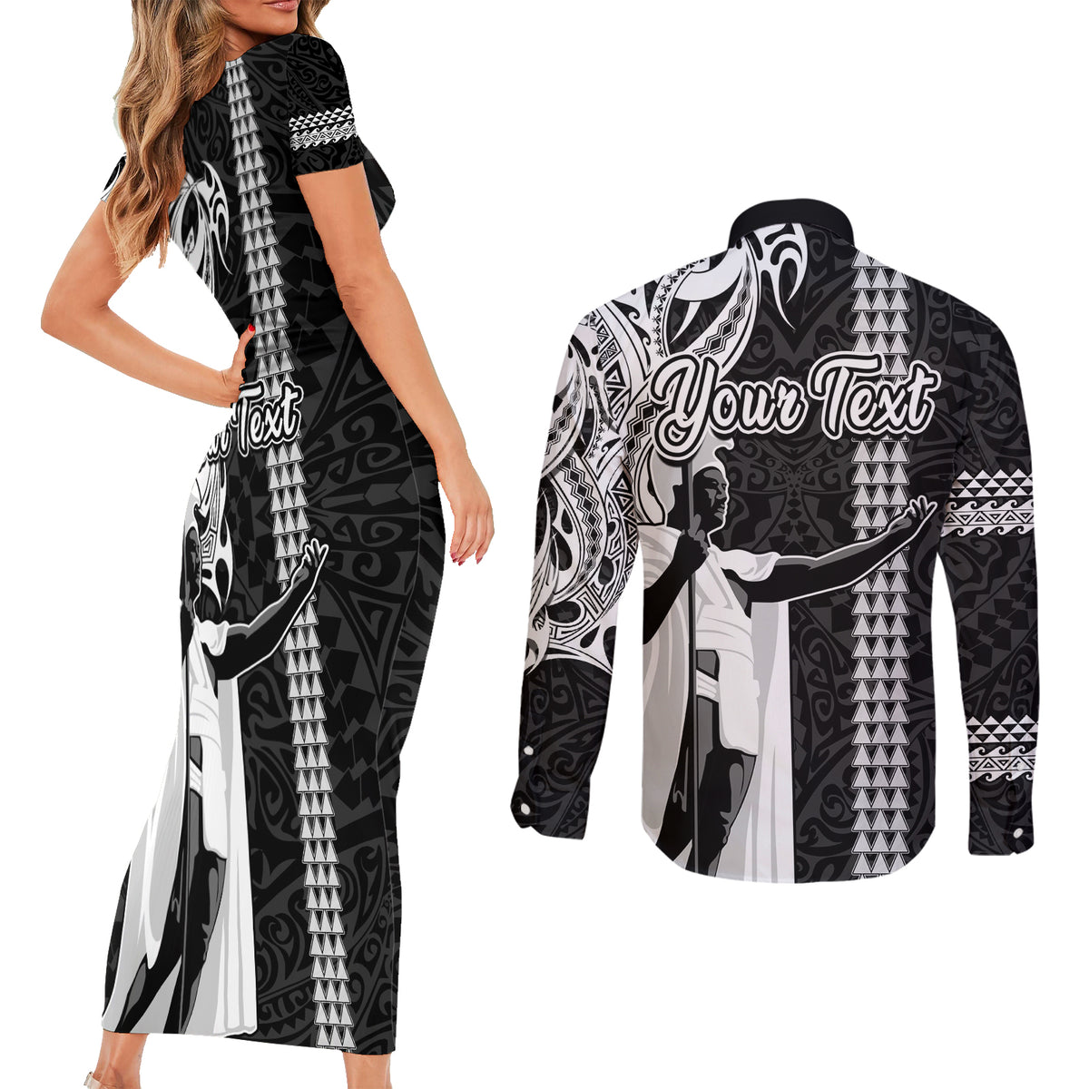 Custom Hawaii Niihau Island Couples Matching Short Sleeve Bodycon Dress and Long Sleeve Button Shirts Hawaiian King and Kakau Symbols Abstract Shoulder Tattoo LT03 - Polynesian Pride