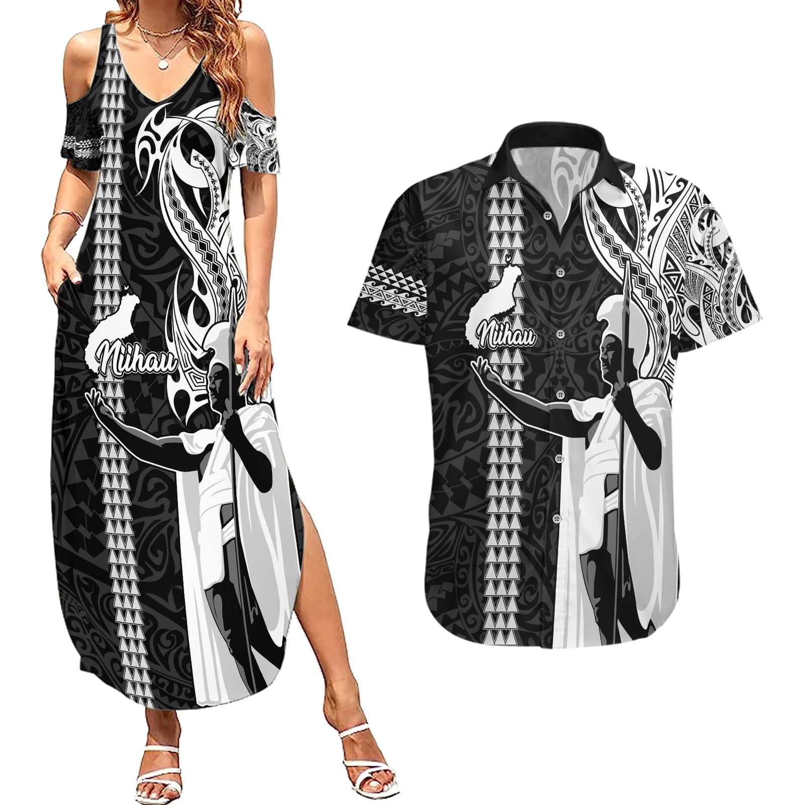 Custom Hawaii Niihau Island Couples Matching Summer Maxi Dress and Hawaiian Shirt Hawaiian King and Kakau Symbols Abstract Shoulder Tattoo LT03 Black - Polynesian Pride