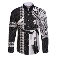 Custom Hawaii Niihau Island Family Matching Long Sleeve Bodycon Dress and Hawaiian Shirt Hawaiian King and Kakau Symbols Abstract Shoulder Tattoo LT03 Dad's Shirt - Long Sleeve Black - Polynesian Pride
