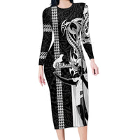 Custom Hawaii Niihau Island Family Matching Long Sleeve Bodycon Dress and Hawaiian Shirt Hawaiian King and Kakau Symbols Abstract Shoulder Tattoo LT03 Mom's Dress Black - Polynesian Pride