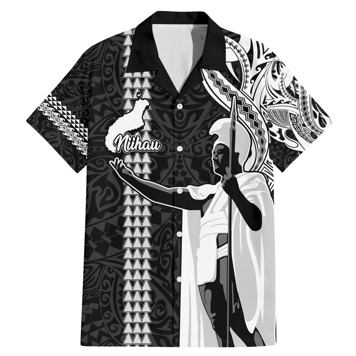 Custom Hawaii Niihau Island Family Matching Mermaid Dress and Hawaiian Shirt Hawaiian King and Kakau Symbols Abstract Shoulder Tattoo LT03 Dad's Shirt - Short Sleeve Black - Polynesian Pride