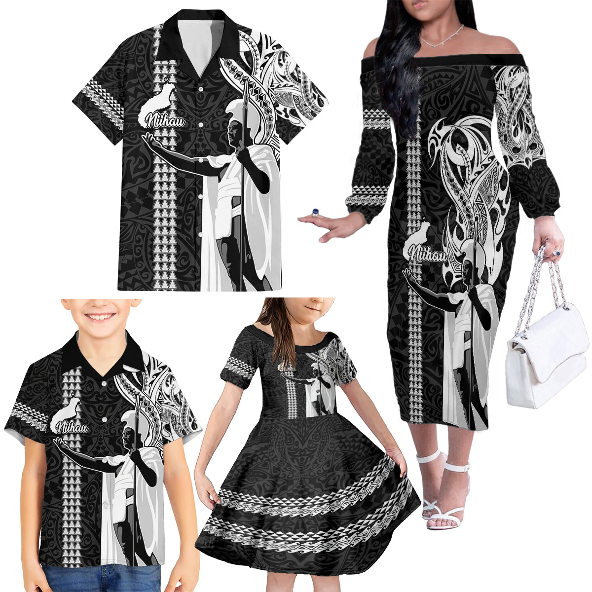 Custom Hawaii Niihau Island Family Matching Off Shoulder Long Sleeve Dress and Hawaiian Shirt Hawaiian King and Kakau Symbols Abstract Shoulder Tattoo LT03 - Polynesian Pride