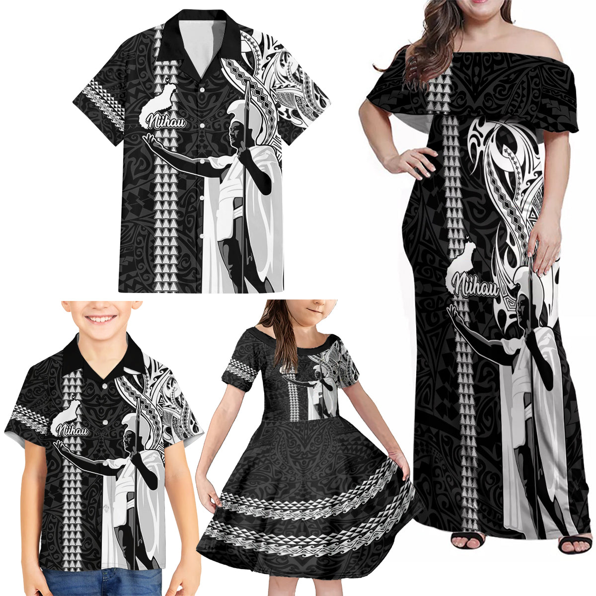 Custom Hawaii Niihau Island Family Matching Off Shoulder Maxi Dress and Hawaiian Shirt Hawaiian King and Kakau Symbols Abstract Shoulder Tattoo LT03 - Polynesian Pride