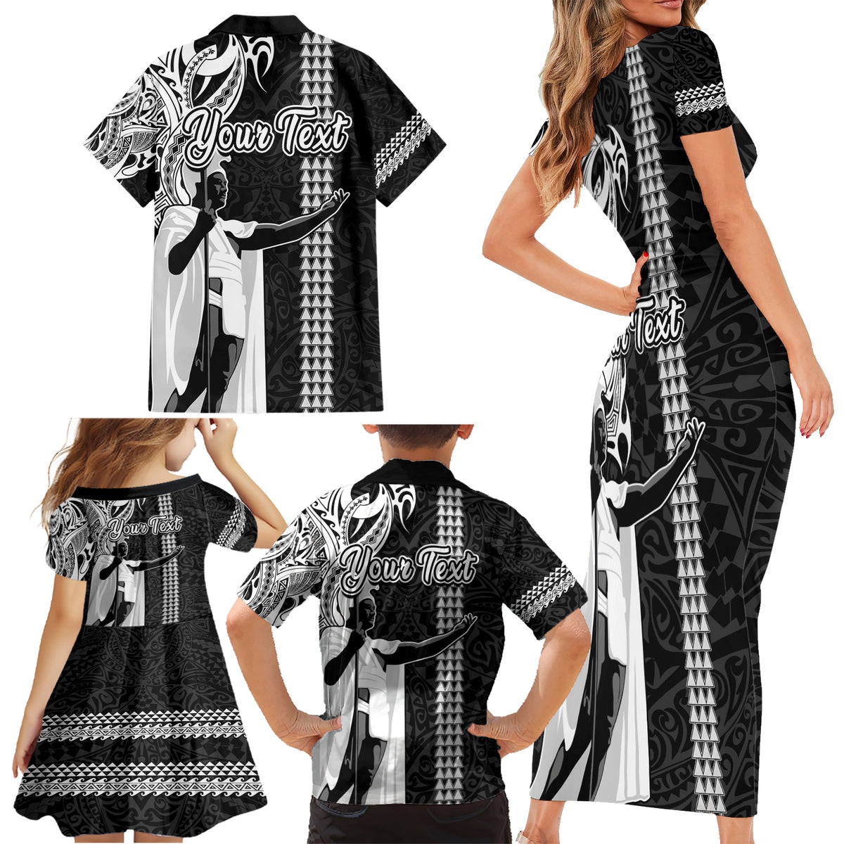 Custom Hawaii Niihau Island Family Matching Short Sleeve Bodycon Dress and Hawaiian Shirt Hawaiian King and Kakau Symbols Abstract Shoulder Tattoo LT03 - Polynesian Pride