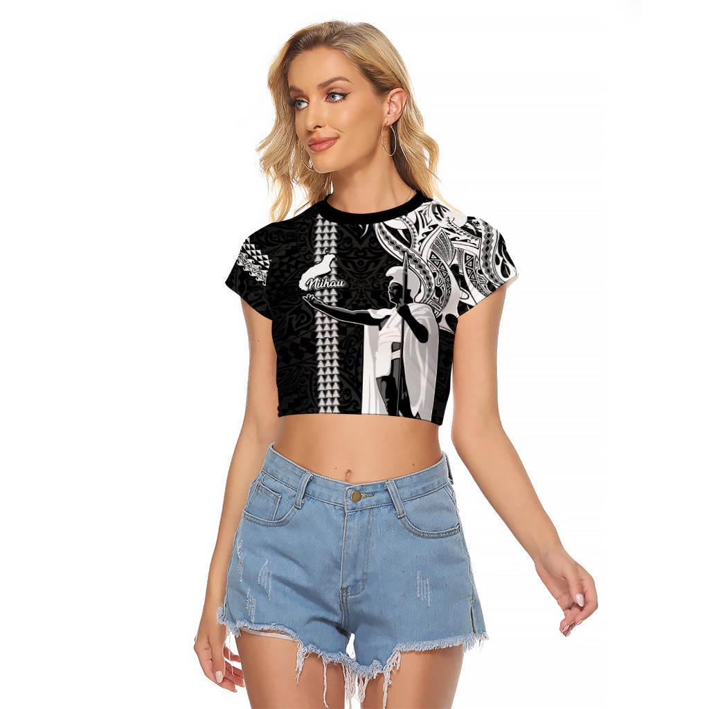 Custom Hawaii Niihau Island Raglan Cropped T Shirt Hawaiian King and Kakau Symbols Abstract Shoulder Tattoo LT03 Female Black - Polynesian Pride