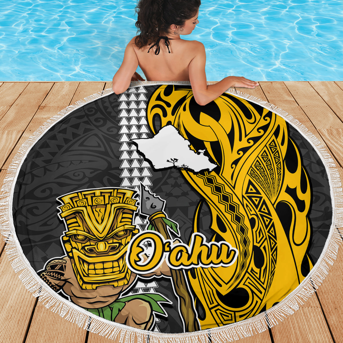 Hawaii Oahu Island Beach Blanket Hawaiian Warrior and Kakau Symbols Abstract Tattoo LT03 - Wonder Print Shop