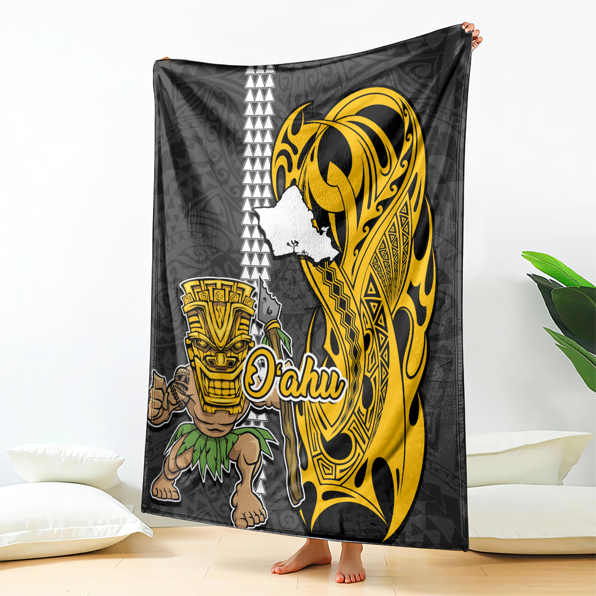 Hawaii Oahu Island Blanket Hawaiian Warrior and Kakau Symbols Abstract Tattoo LT03 Yellow - Polynesian Pride