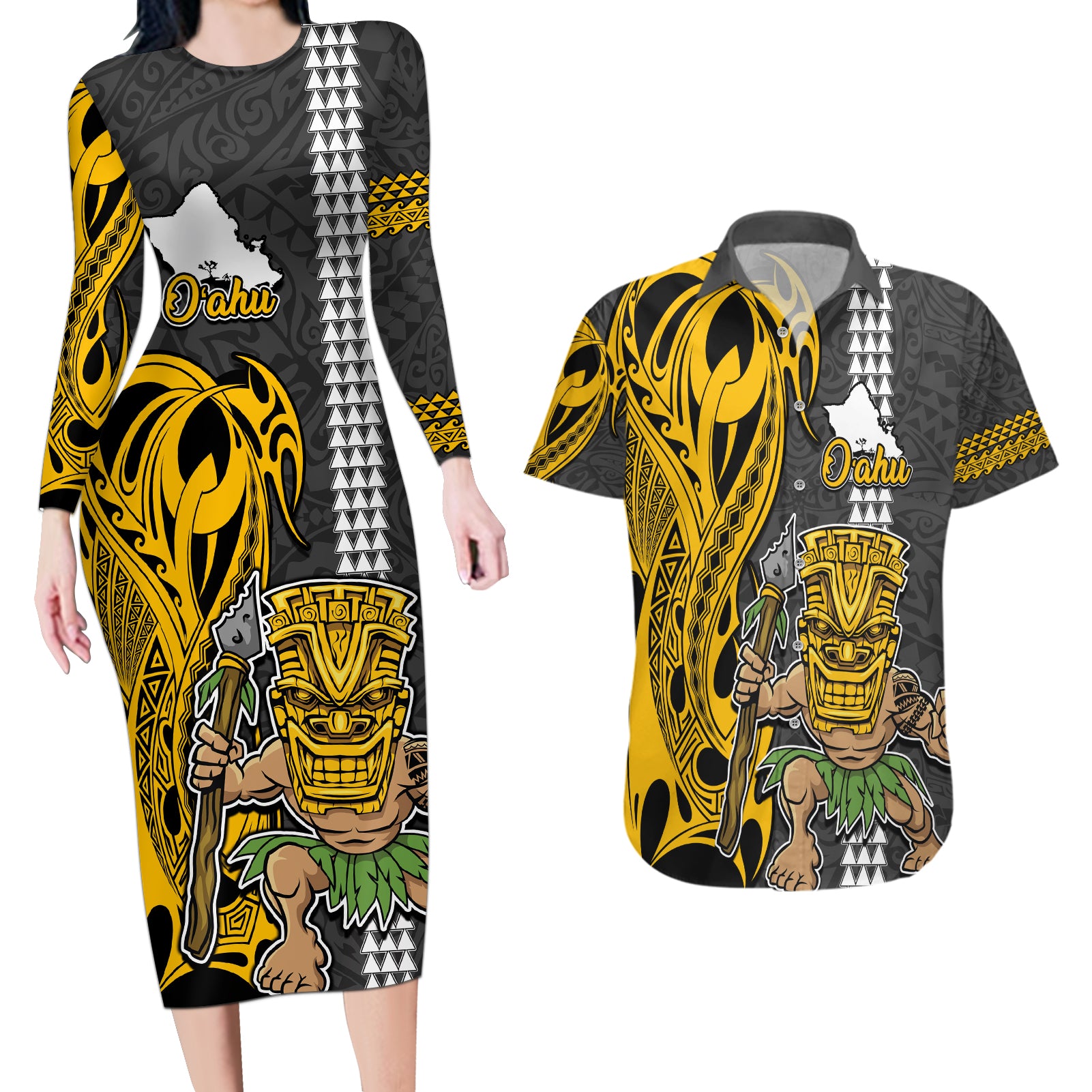 Hawaii Oahu Island Couples Matching Long Sleeve Bodycon Dress and Hawaiian Shirt Hawaiian Warrior and Kakau Symbols Abstract Tattoo LT03 Yellow - Polynesian Pride