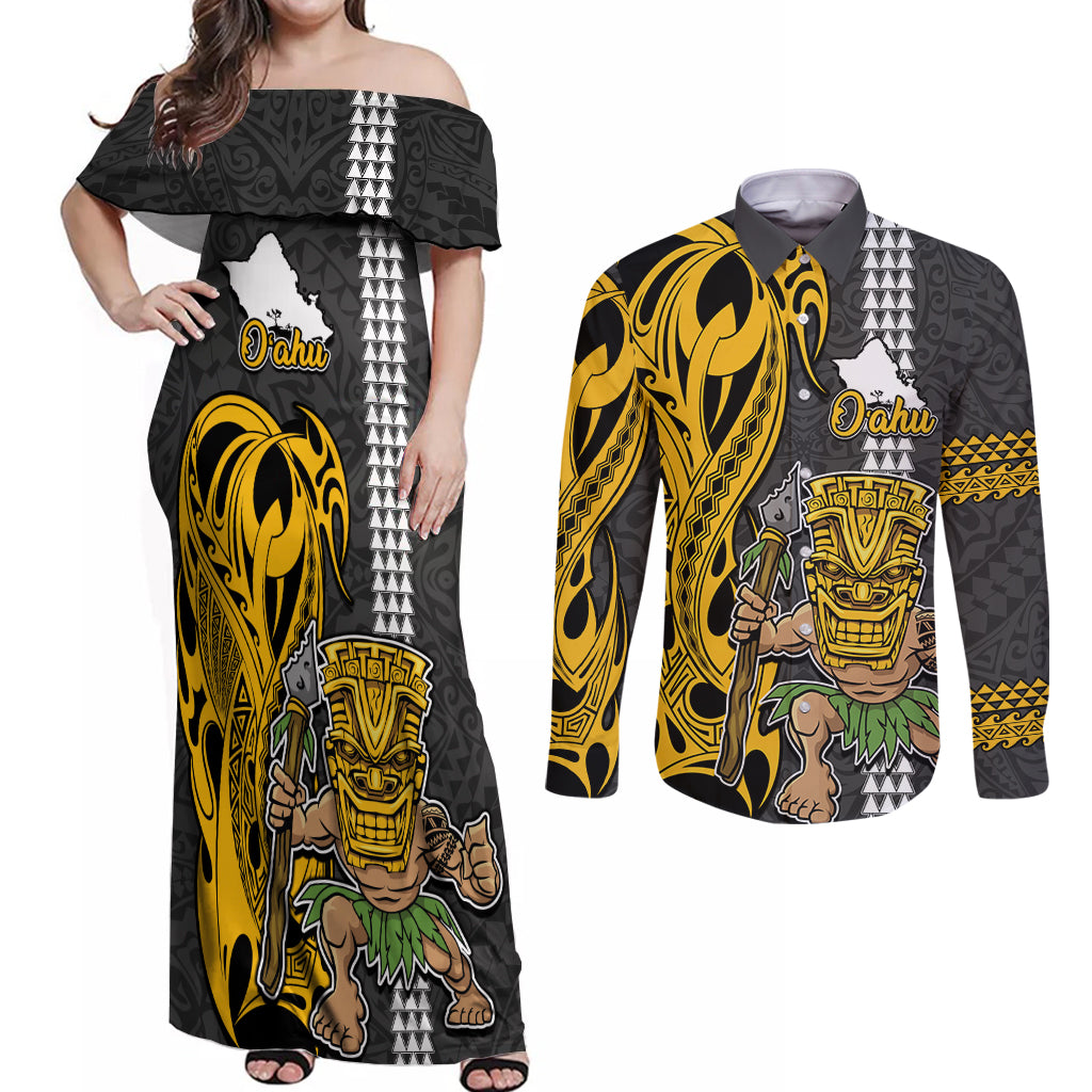 Hawaii Oahu Island Couples Matching Off Shoulder Maxi Dress and Long Sleeve Button Shirts Hawaiian Warrior and Kakau Symbols Abstract Tattoo LT03 Yellow - Polynesian Pride