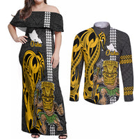 Hawaii Oahu Island Couples Matching Off Shoulder Maxi Dress and Long Sleeve Button Shirts Hawaiian Warrior and Kakau Symbols Abstract Tattoo LT03 Yellow - Polynesian Pride