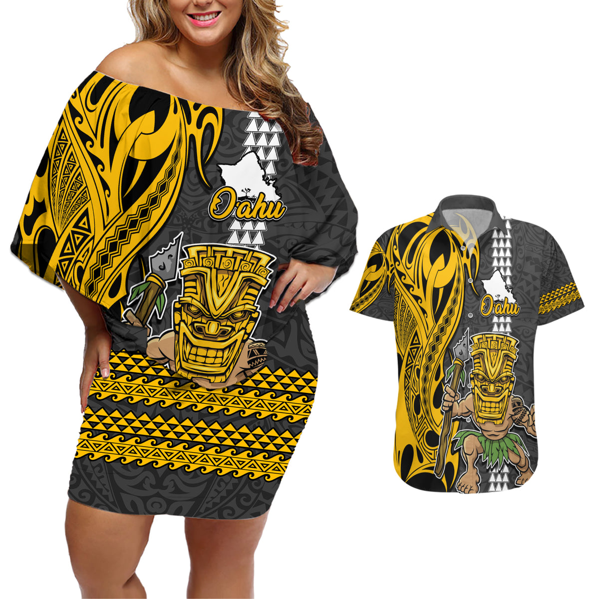 Hawaii Oahu Island Couples Matching Off Shoulder Short Dress and Hawaiian Shirt Hawaiian Warrior and Kakau Symbols Abstract Tattoo LT03 Yellow - Polynesian Pride