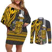 Hawaii Oahu Island Couples Matching Off Shoulder Short Dress and Long Sleeve Button Shirts Hawaiian Warrior and Kakau Symbols Abstract Tattoo LT03 Yellow - Polynesian Pride